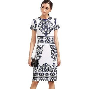 Women's Porcelain Print Work Sheath Business DRESS